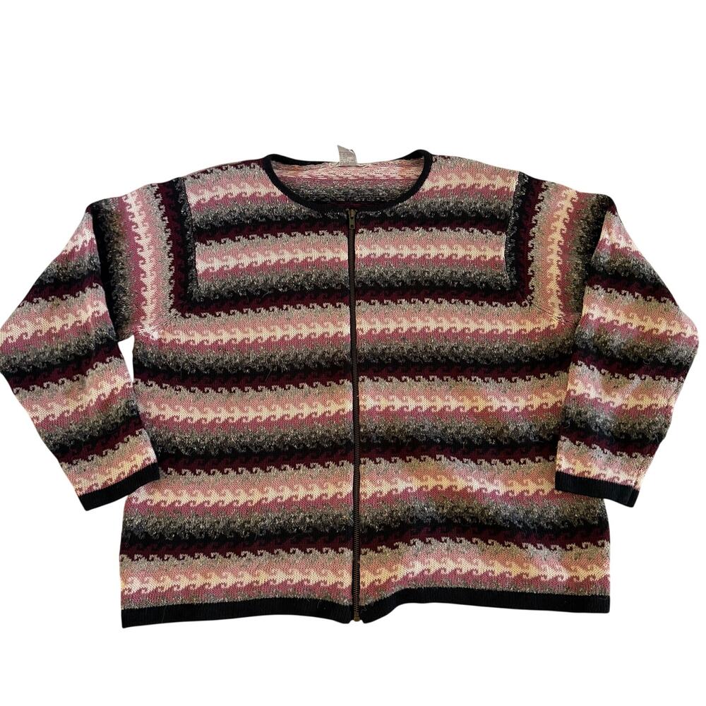 VTG Y2K 2000s Pink Stripe Zip Sweater Plus Size 1X Cottagecore Grunge Silk Wool